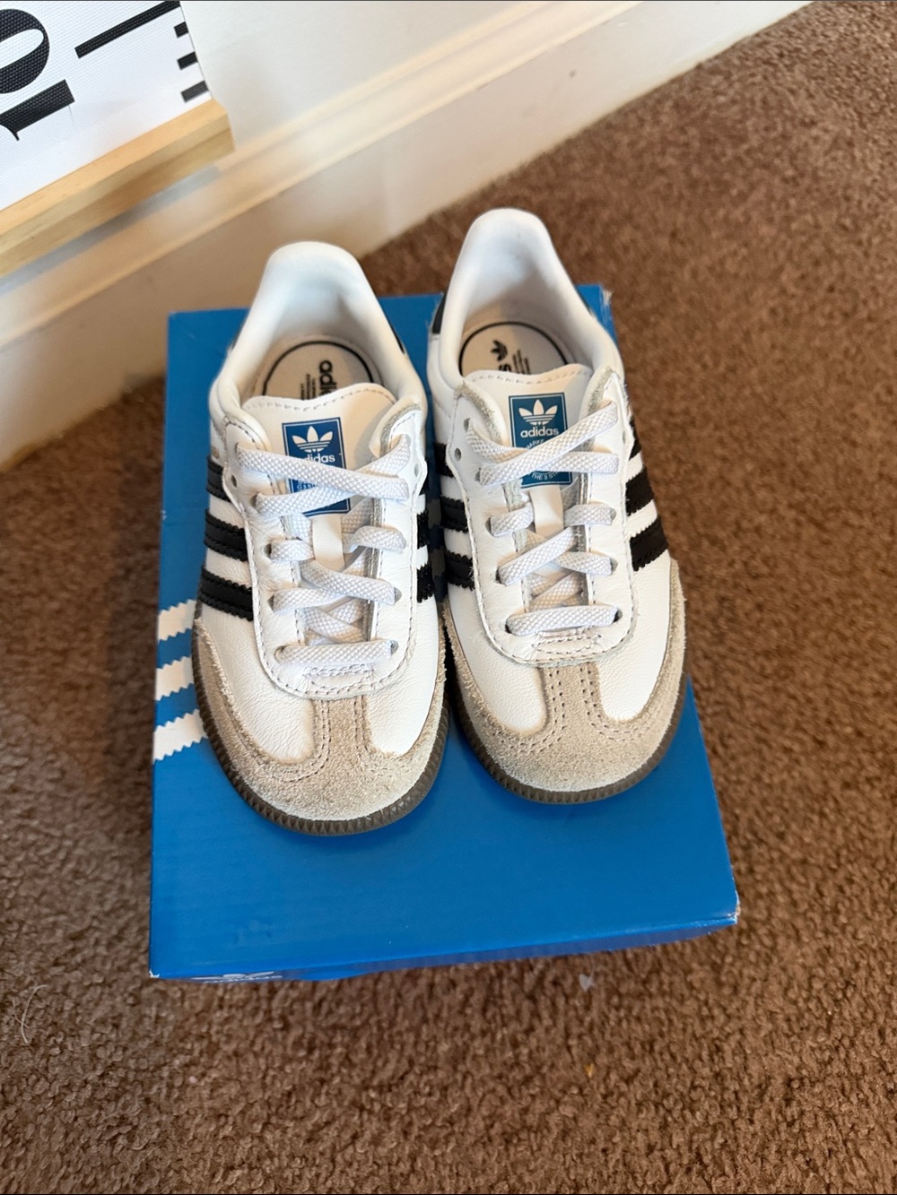 adidas toddler Samba Sneakers in White/Black/Tan Suede